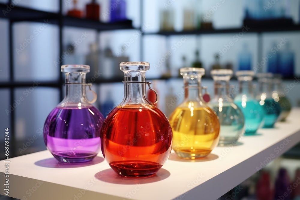 Poster a row of different colored glass bottles neatly arranged on a shelf. ideal for home decor, diy proje