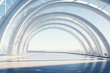 A large white tunnel with a sky background. This image can be used to represent transportation, travel, or a metaphorical journey. .