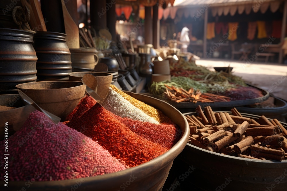 Poster A collection of various types of spices displayed in different bowls. Perfect for adding flavor and enhancing the taste of dishes.