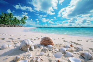 A beautiful sandy beach with shells and palm trees. Perfect for tropical vacation destinations or beach-themed designs.