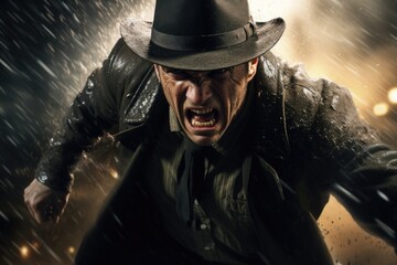 A man wearing a hat and trench coat running in the rain. Suitable for depicting urgency, mystery, or a chase scene.