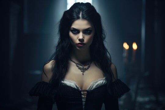 A woman with long black hair wearing a corset. This image can be used for fashion, gothic themes, or as a sensual and powerful representation.