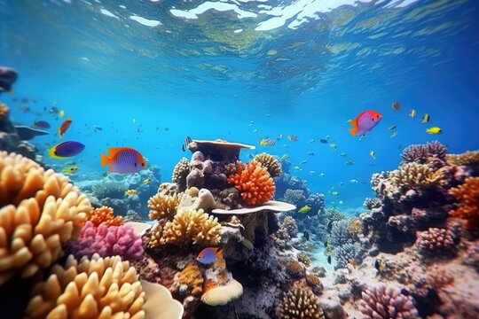 A vibrant and diverse coral reef teeming with various types of fish. This image captures the beauty and complexity of marine life. Perfect for educational materials or travel brochures promoting scuba