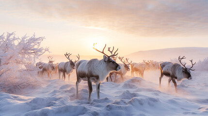 Reindeer against the backdrop of a tundra landscape.