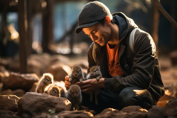 A volunteer at an ethical wildlife sanctuary caring for rescued animals, emphasizing the importance of animal welfare and conservation - obrazy, fototapety, plakaty
