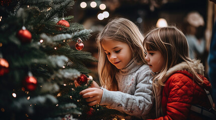 Children decorate the Christmas tree.