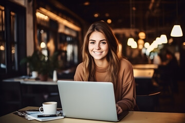 Fototapeta premium Beautiful young woman working on a laptop computer, illustration for a digital nomad, freelancer or student with notebook at coffee place, looking in camera.