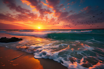Ocean sunrise over beach shore and waves. The sun is rising up over sea horizon - obrazy, fototapety, plakaty