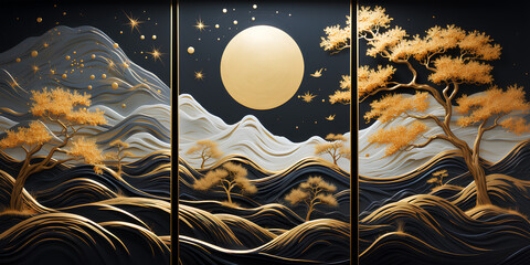 Set of three abstract creative landscape at night artwork. Mountains and golden trees at night. Modern canvas art with golden forest on on white mountains. Mural wallpaper landscape .  - obrazy, fototapety, plakaty