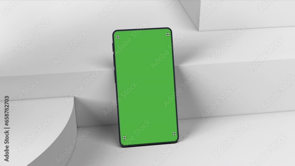 Poster Mobile phone mockup - Smartphone template with green screen standing on white modern geometric shapes with slow and calm camera movement. 3d render animation with motion tracking points track marks