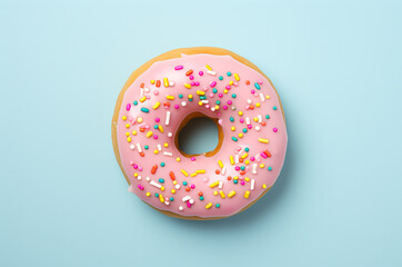 Minimalistic pink donut with icing top view. Barbicore - obrazy, fototapety, plakaty