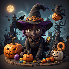 A cartoon cat wearing a person garment and sitting next to pumpkins
