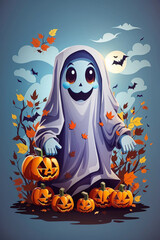Cartoon of a ghost with pumpkins and bats
