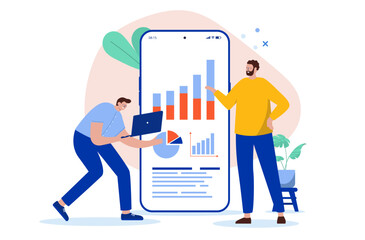 Working with business charts - Office people characters in front of mobile phone with rising graph smiling and analysing result. Flat design cartoon style vector illustration with white background