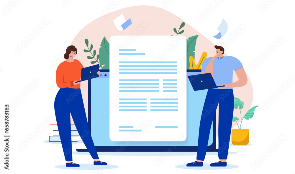 Poster people reading digital text document - two characters with laptop computer working and looking at ab