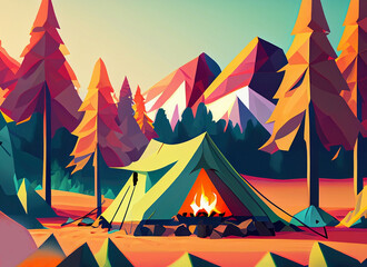 A tent and camp fire in front of Colourful Forrest landscape tree line. Generative AI	
