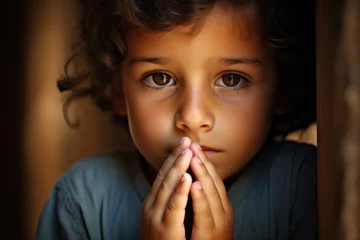 Fotobehang Portrait of a little girl praying in the dark.  © Anna