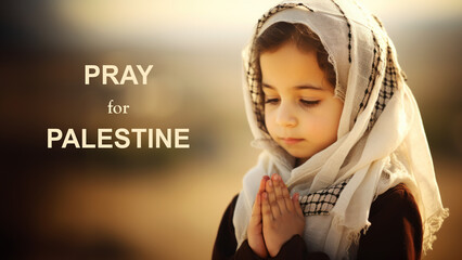 Pray for peace. Young muslim kid praying on blurred background - obrazy, fototapety, plakaty