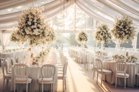 The celebration of a lifetime: A beautifully set banquet table at a lavish wedding event.