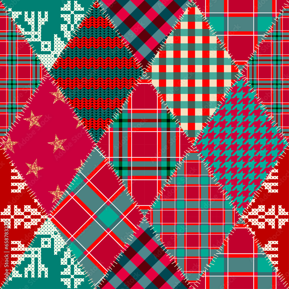 Poster Patchwork textile pattern. Seamless quilting design background. Merry Christmas cozy pattern.
