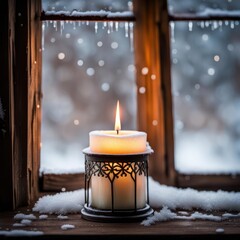 Glowing candle in winter window with snow