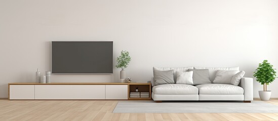 Minimalist living room with white walls patterned carpet wooden floor and a spacious sofa in front of a television With copyspace for text