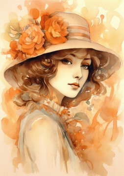 Vintage portrait of attractive woman wearing hat. Watercolor card.