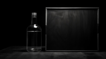 Water Glass Bottle and Chalkboard on Dark Wooden Table Against Black Background, Minimalist Mockup - Generative AI