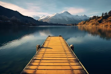 Foto auf Acrylglas Wooden jetty on the lake at sunrise, Alps, Switzerland © Gorilla Studio