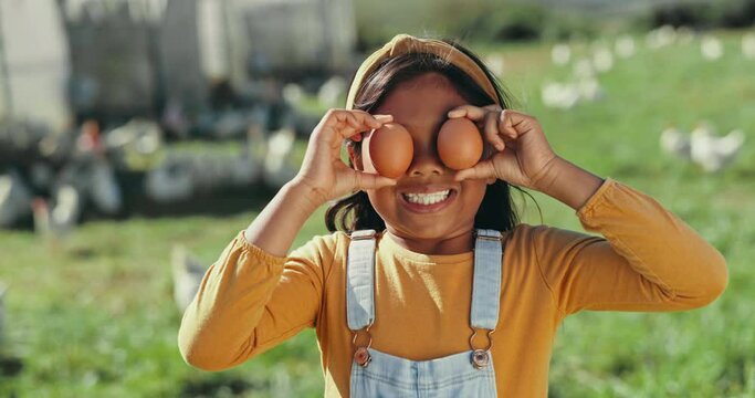 Eggs, Girl And Child Smile At Chicken Farm, Agriculture And Learning Sustainability. Happy Kid, Face And Poultry, Animal Production Or Food In Nature At Field For Health, Nutrition Or Organic Protein