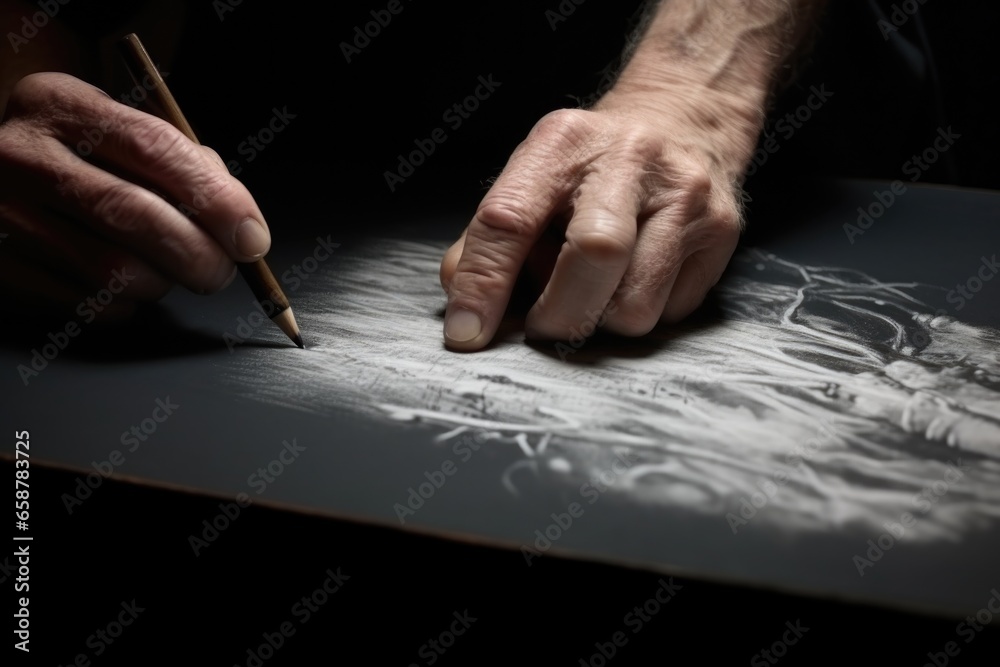 Poster A man is seen using a pencil to create a drawing. This image can be used for artistic and creative purposes.
