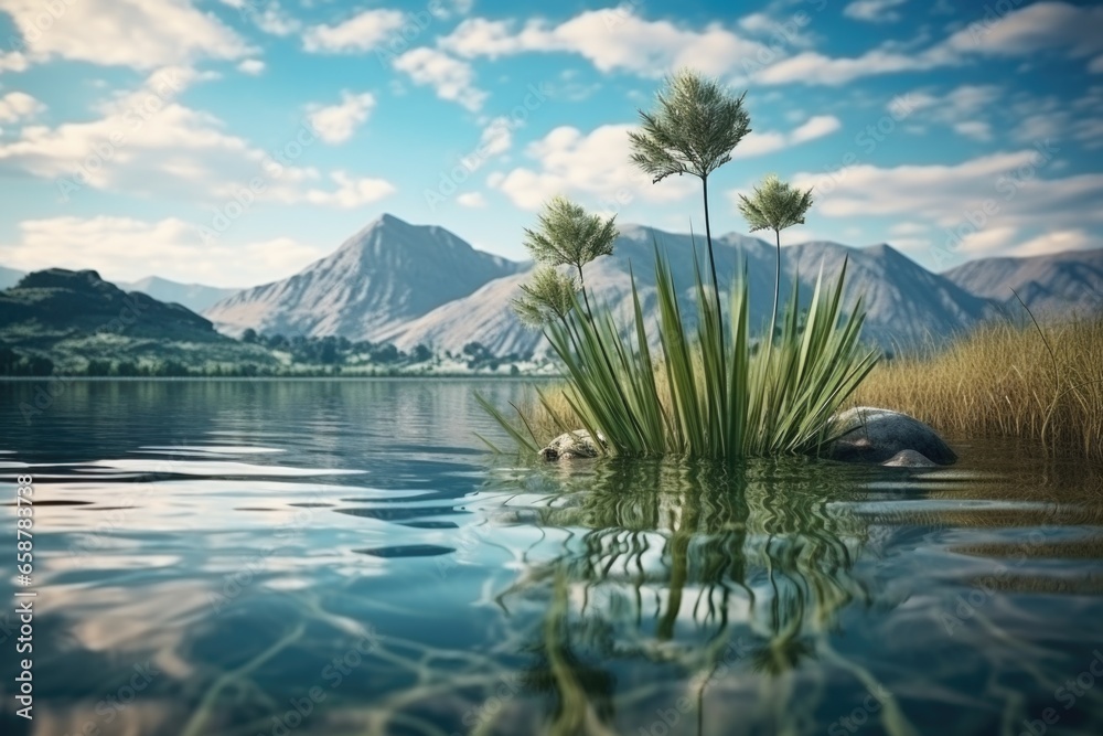 Poster a picture of a small island situated in the middle of a serene lake. perfect for nature and travel-r