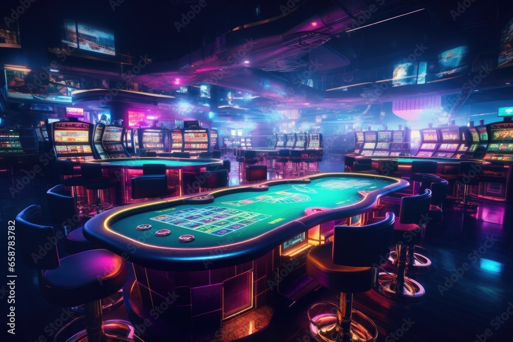 Poster a casino table illuminated by vibrant neon lights. perfect for adding a touch of excitement and glam
