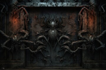 A picture of a dark room with a large metal door. This image can be used to represent mystery, secrecy, or confinement. It can be used in various projects such as crime or thriller themes, escape room