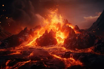 Fotobehang A powerful and active volcano with molten lava flowing down its sides. This captivating image captures the raw power and beauty of nature. Perfect for illustrating the forces of the Earth and natural  © Fotograf