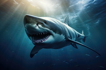 Fototapeta premium A shark with its mouth wide open swimming in the ocean. Perfect for illustrating the power and danger of marine life. Suitable for educational materials, nature documentaries, and wildlife conservatio