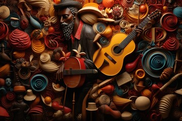 A collection of different types of musical instruments showcased in a vibrant setting. Perfect for musicians, music lovers, or anyone looking to add a touch of rhythm to their designs.