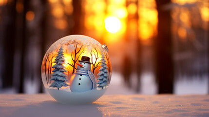 Christmas winter forest and sunset background. Christmas ball