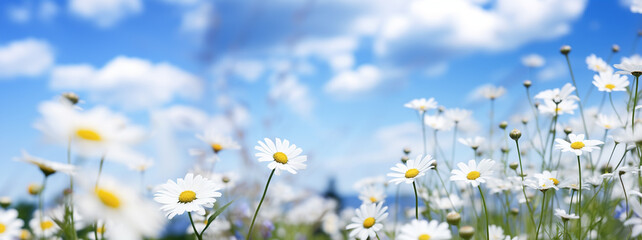 Field of daisies,blue sky and sun.