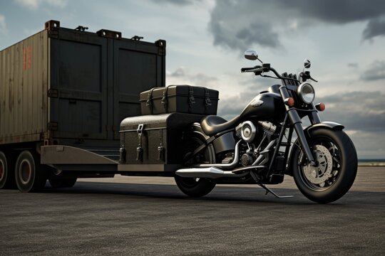 A motorcycle is parked next to a trailer. This image can be used to illustrate transportation, travel, or outdoor adventure themes.