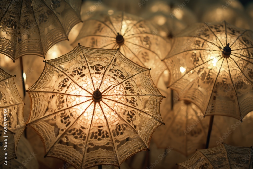 Poster A bunch of umbrellas that are beautifully illuminated, creating a mesmerizing display of colors. Perfect for adding a vibrant touch to any event or venue.