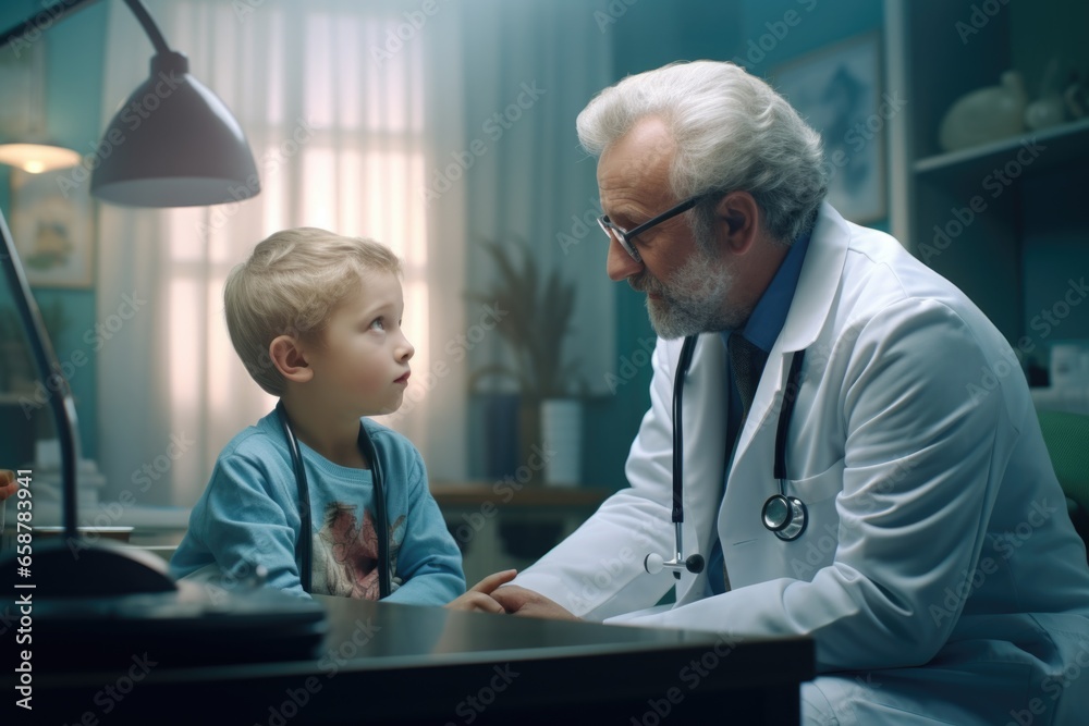 Poster a man wearing a lab coat is engaged in conversation with a young boy. this image can be used to depi