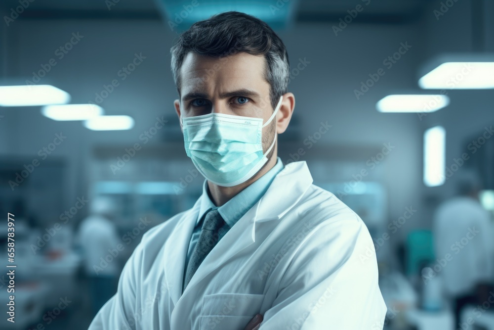 Poster a professional man wearing a lab coat and a protective face mask. this image can be used to depict a
