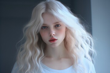 Fototapeta premium A woman with long blonde hair and striking blue eyes. This picture can be used for beauty and fashion-related projects.