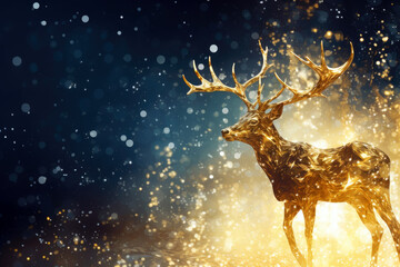 christmas deer in gold on bokeh background. reindeer with golden glitter on blue background