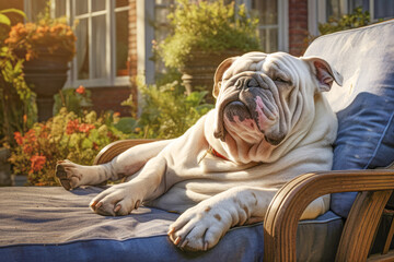 A cute bulldog with a happy expression enjoys lounging in a chair at the park, a beautiful and content pet canine in a natural setting.