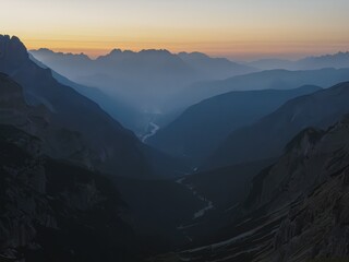 A sunrise in the Dolomite mountains of Italy at Auronzo di Cadore in Misurina.