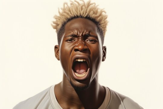 A man with his mouth open and his hair in dreadlocks. This image can be used to depict surprise, shock, or a unique hairstyle.