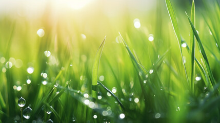 background from a green grass on a lawn with dew drops