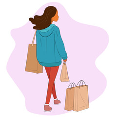 Young girl with shopping bags. Sale concept with shopping and marketing. Vector illustration